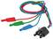 Drei farbige Kabel mit Steckverbindungen: Rot, Grün, Blau. Jedes Kabel endet in einer identischen schwarzen 3-Pin-Buchse.