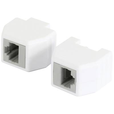 Zwei weiße RJ45-Netzwerkadapter, linkes und rechtes Profil, zum Verbinden von Ethernet-Kabeln in Netzwerksystemen.
