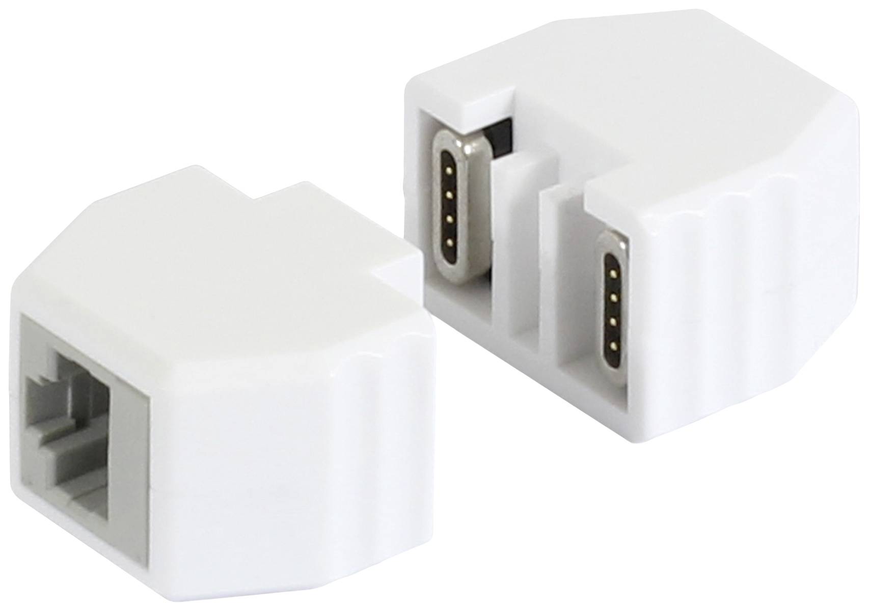 Zwei weiße TAE-F Steckeradapter, einer zeigt die Vorderseite mit Anschlussöffnungen, der andere die Rückseite mit Steckkontakten.