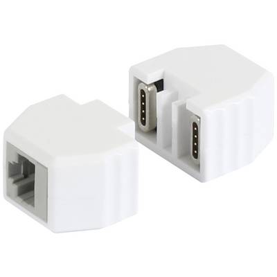 Zwei weiße TAE-F Steckeradapter, einer zeigt die Vorderseite mit Anschlussöffnungen, der andere die Rückseite mit Steckkontakten.
