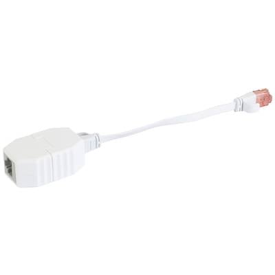 Ein weißer Ethernet-Adapter, RJ45-Buchse auf RJ45-Stecker, mit kurzem Kabel. Verwendet zur Netzwerkverbindung.