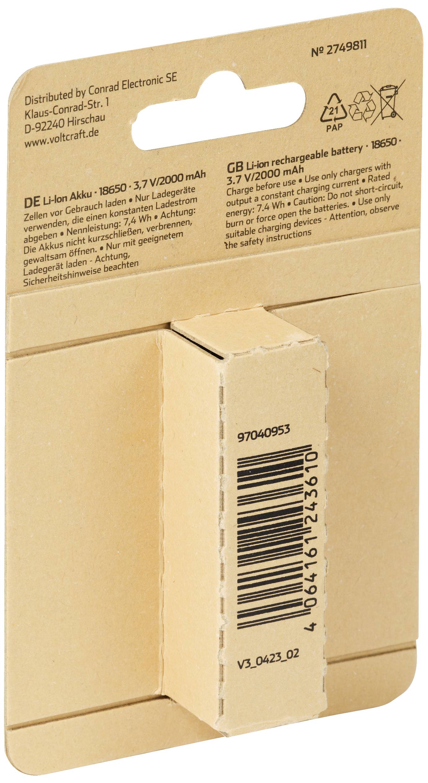 Verpackung einer Lithium-Ionen-Batterie, 3,7 V, 2000 mAh, hergestellt von Conrad Electronic SE. Enthält Warnhinweise und Herstellerangaben.