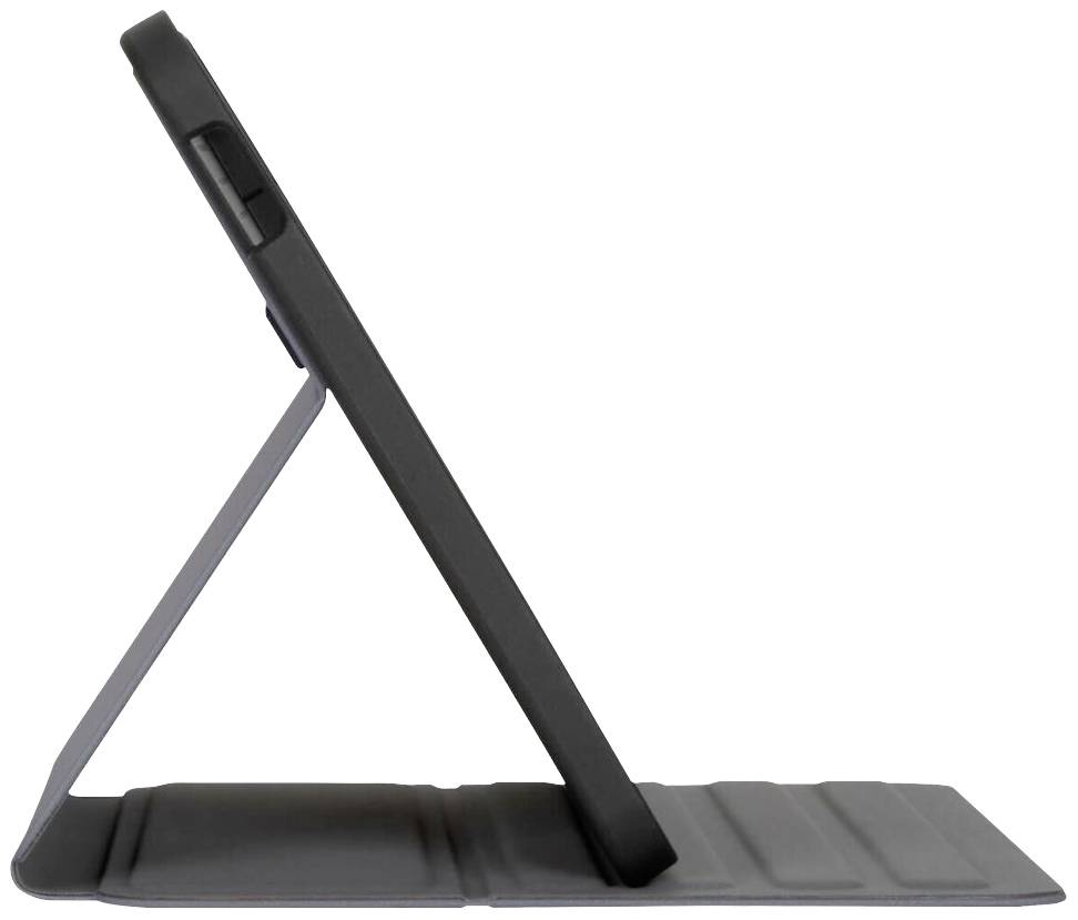 Eine schwarze Tablet-Hülle im Seitenprofil mit einem eingebauten Ständer, der das Gerät aufrecht hält.