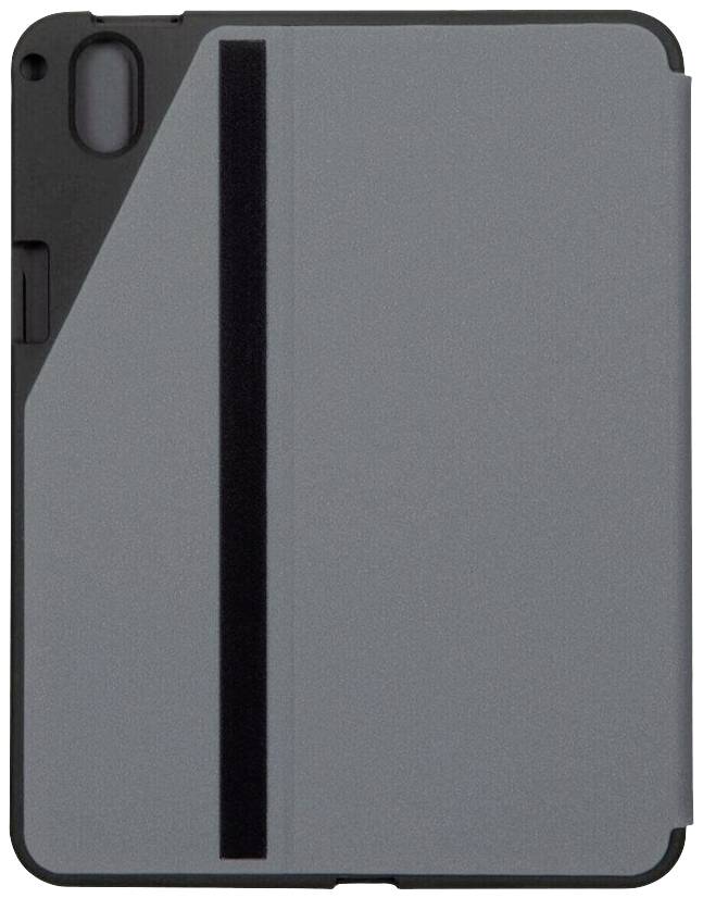 Eine graue Tablet-Hülle mit schwarzem vertikalem Streifen auf der Vorderseite, links oben Aussparung für Kamera.