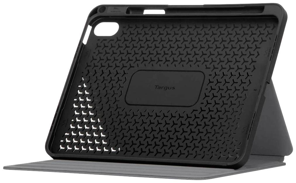 Schwarzes Tablet-Case mit strukturierter Rückseite und integrierter Stütze für aufrechte Positionierung, geeignet für ein Tablet.