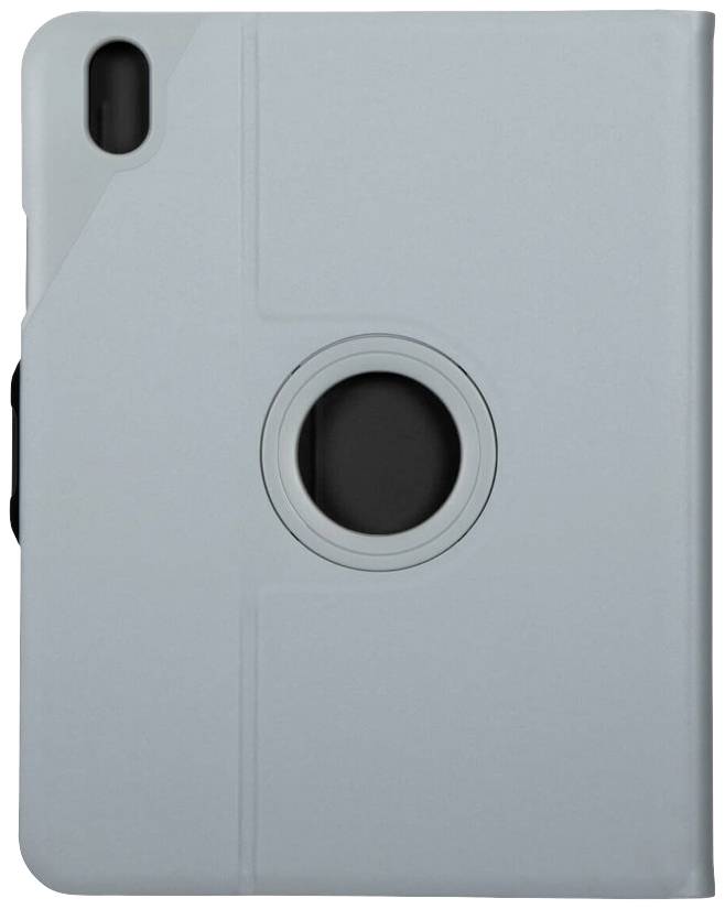 Graue Tablet-Hülle mit drehbarem Halter in der Mitte, Kameraschutzaussparung oben links und Klappdesign für vielseitige Nutzung.