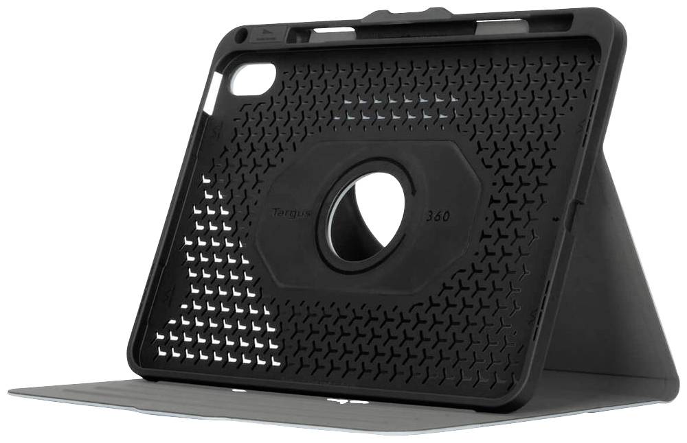 Schwarzes Tablet-Case mit drehbarer Halterung, im aufgestellten Modus. Robust und für vielseitige Betrachtungswinkel geeignet.