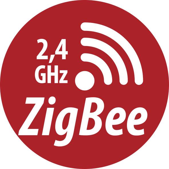 Rotes ZigBee-Logo mit weißem Text „2,4 GHz" und drahtlosem Signalsymbol.