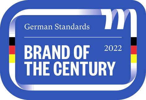 Blaues Logo mit Schrift 'German Standards, Brand of the Century, 2022'. Flaggenstreifen der deutschen Flagge an den Seiten.