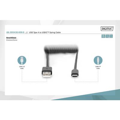 'USB-C zu USB 2.0 Spiralkabel, männlich zu männlich. Abbildung zeigt die Anschlüsse: USB 2.0 links, USB-C rechts.'
