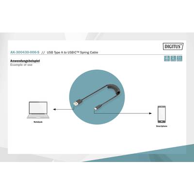 'Diagramm zeigt ein USB-Typ-A-auf-USB-C-Spiralkabel zwischen einem Notebook und einem Smartphone als Anwendungsbeispiel.'