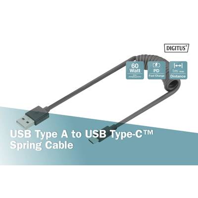 „USB Type A auf USB Type-C™ Spiralkabel“, unterstützt 60 Watt Schnellladung, 1 m Länge, Markenname: DIGITUS.