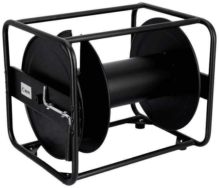 Schwarze Kabeltrommel in einem stabilen Metallrahmen.