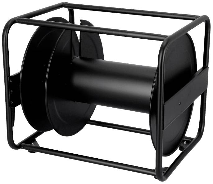 Eine leere schwarze Kabeltrommel aus Metall, seitlich gesehen, mit stabilen Rahmenhalterungen.
