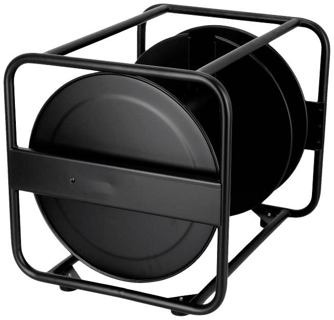 Schwarze Kabeltrommel aus Metall, leer und in einem rechteckigen Rahmen montiert, zur Aufbewahrung langer Kabel oder Leitungen.