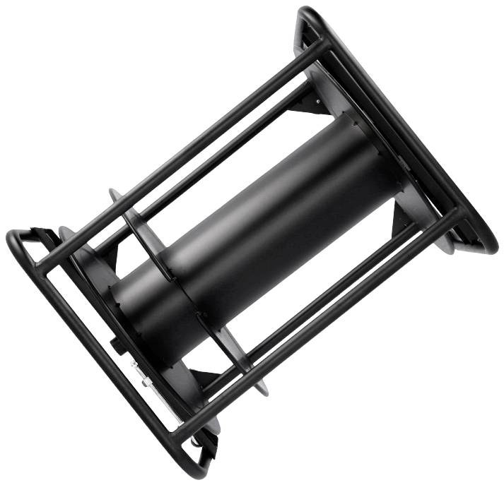 Ein schwarzes, zylindrisches Gestell, möglicherweise Teil eines technischen Geräts oder Mechanismus, liegt auf der Seite.
