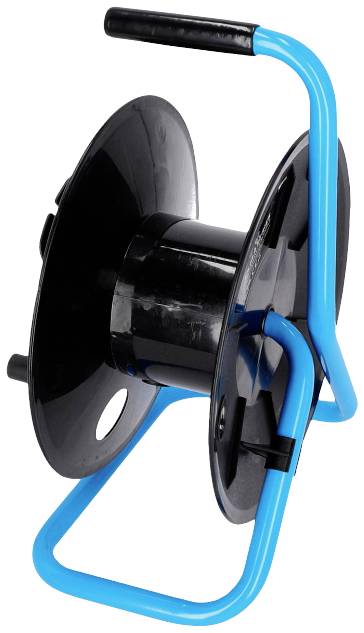 Leere Kabeltrommel mit schwarzem Spulenkörper und blauem Rahmen, geeignet zum Aufwickeln von Kabeln.