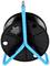 Kabeltrommel ohne Kabel, schwarze Trommel mit blauen Metallstreben, von vorne gesehen.