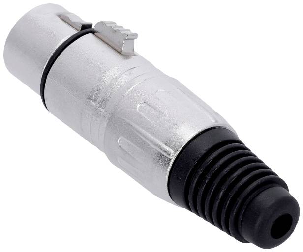 Ein silberner XLR-Steckeradapter mit schwarzer Kabeltülle, häufig verwendet für Audiokabelverbindungen in professionellen Soundanwendungen.