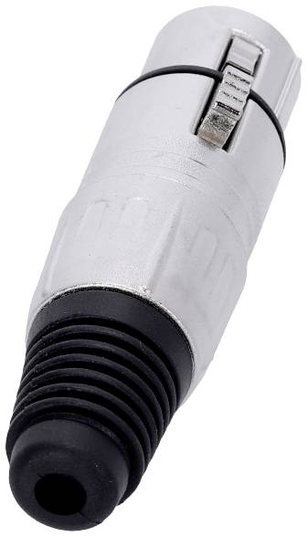 Ein silberner XLR-Stecker mit schwarzem Kunststoffgehäuse und Zugentlastung, verwendet in Audioverbindungen zur Übertragung von Signalen.