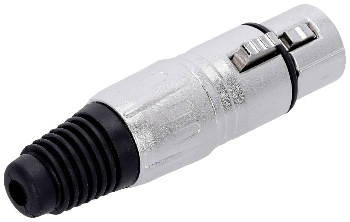 Ein silberner XLR-Stecker mit schwarzer Gummiummantelung, häufig verwendet in Audiogeräten für symmetrische Signale.