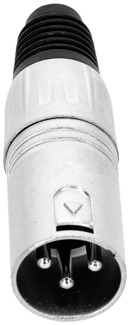Ein silberner XLR-Stecker mit drei Pins und schwarzem Kunststoffelement, häufig verwendet in Audioanwendungen für Mikrofone und Lautsprecher.