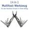 Multitool-Werkzeug mit 14 Funktionen im geöffneten Zustand. Oben steht: '14 in 1 Multitool-Werkzeug für den flexiblen Einsatz in Ihrem Alltag'.