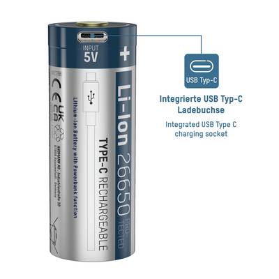 'Li-Ion 26650' Typ-C wiederaufladbarer Akku mit integrierter USB Typ-C Ladebuchse, Eingang 5V. Beschreibung zeigt Produktmerkmale.