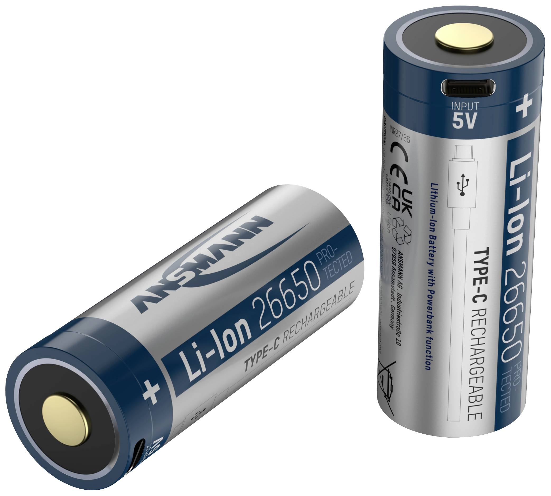 Zwei aufrechte, zylindrische Batterien mit der Aufschrift 'Li-Ion 26650 TYPE-C RECHARGEABLE', eine in Vorderansicht, die andere liegt.