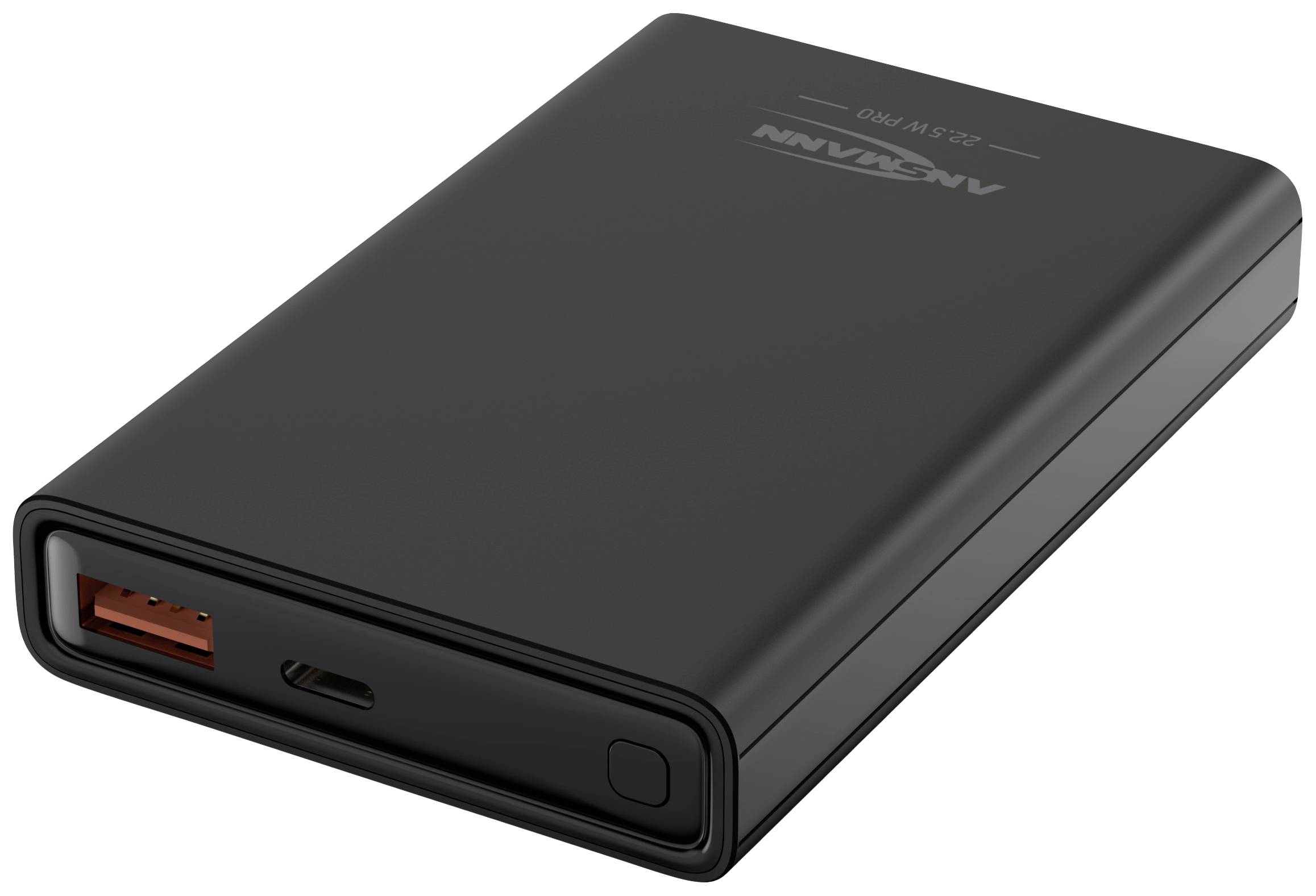 Eine schwarze Powerbank mit einem USB-Anschluss und einem USB-C-Anschluss auf der Vorderseite.