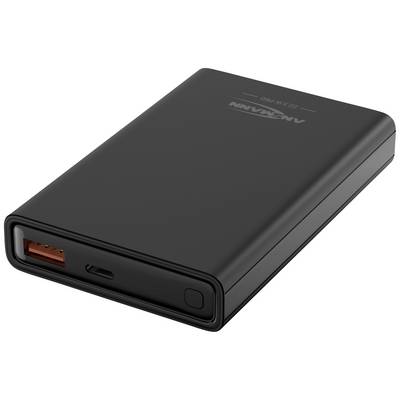 Eine schwarze Powerbank mit einem USB-Anschluss und einem USB-C-Anschluss auf der Vorderseite.
