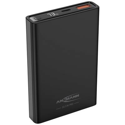 Eine schwarze Powerbank mit einer Ladekapazität von 22,5 W. Der Ladezustand wird auf einem kleinen Display mit 73 % angezeigt.