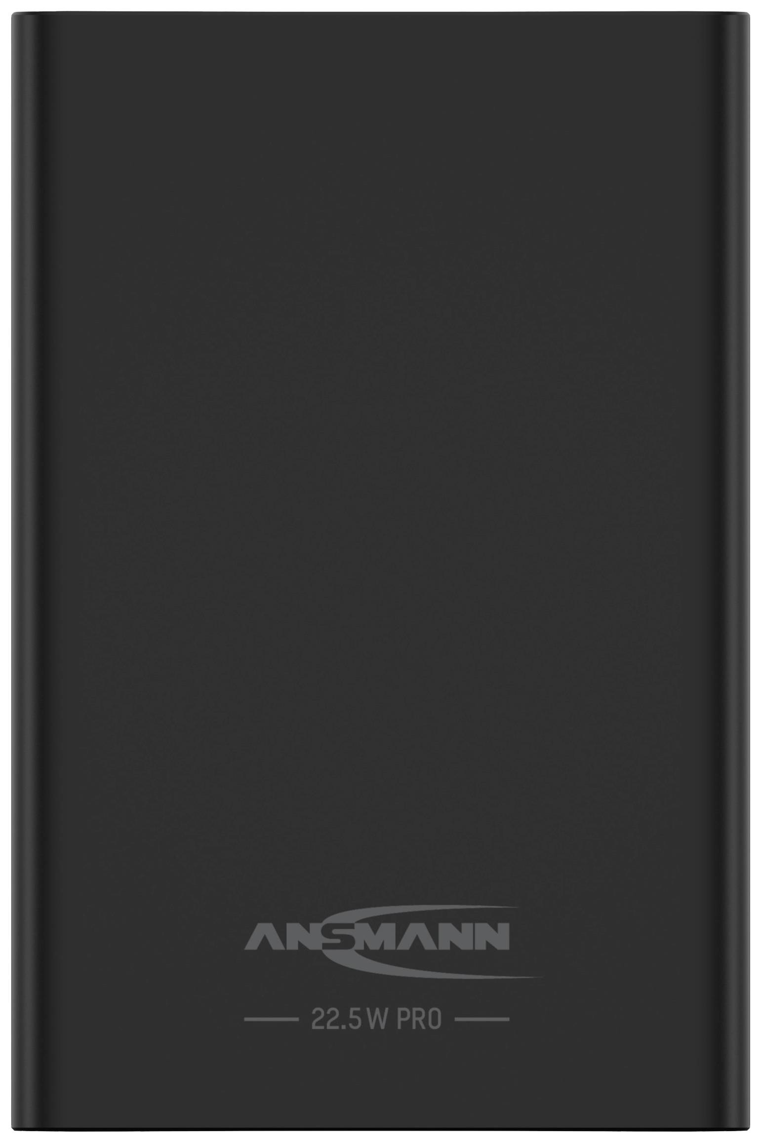 Schwarze Powerbank mit dem Logo 'ANSMANN' und der Aufschrift '22.5 W PRO', rechteckige Form, glatte Oberfläche, keine weiteren Details sichtbar.