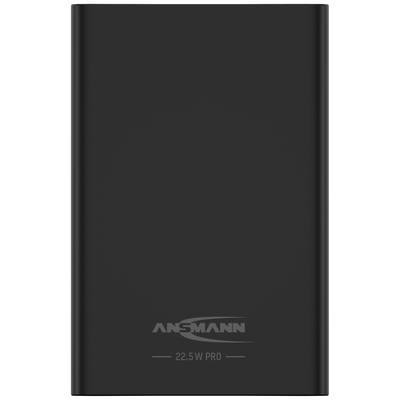 Schwarze Powerbank mit dem Logo 'ANSMANN' und der Aufschrift '22.5 W PRO', rechteckige Form, glatte Oberfläche, keine weiteren Details sichtbar.