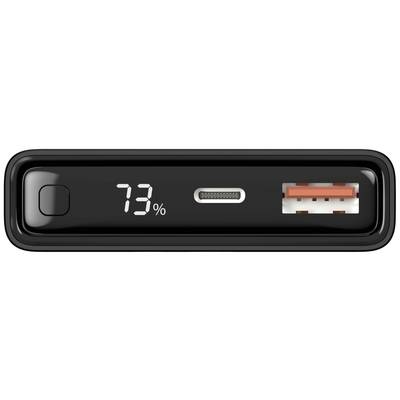 Schwarze Powerbank mit digitaler Anzeige '73%', USB-C- und USB-Anschluss.
