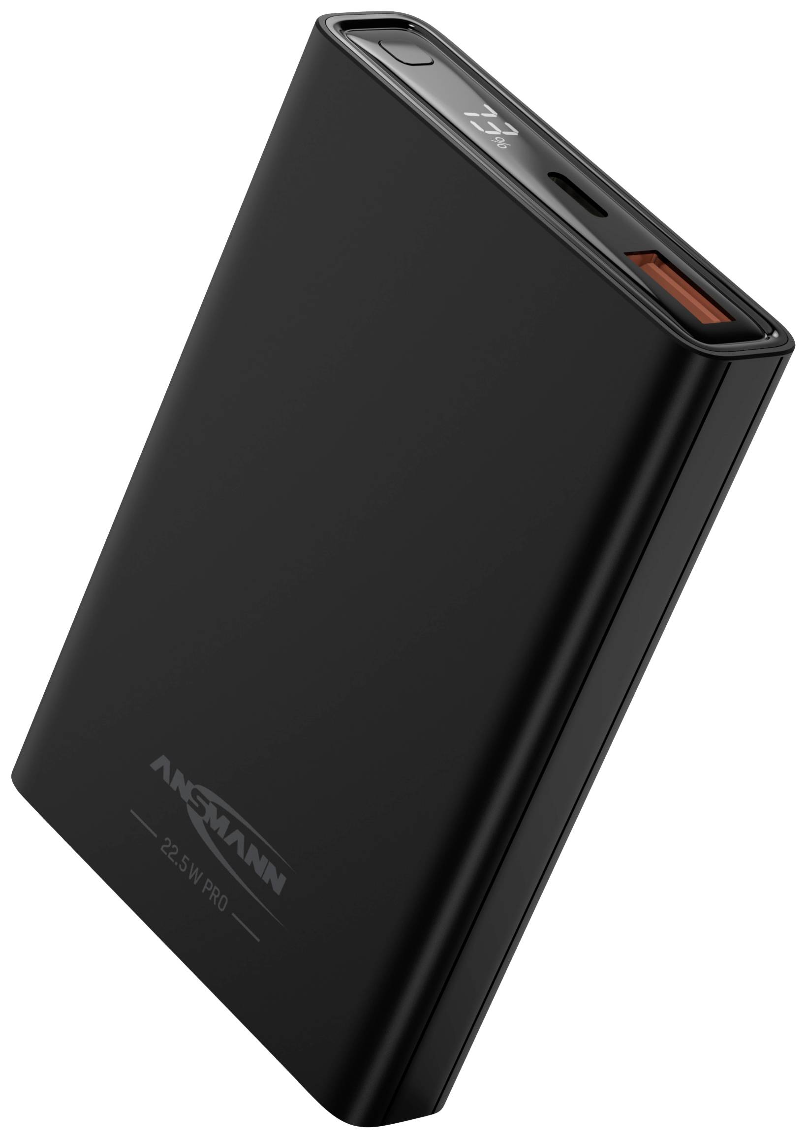 Schwarze Powerbank mit einem USB-Anschluss und digitaler Anzeige des Ladestatus'.