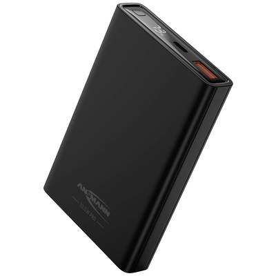 Schwarze Powerbank mit einem USB-Anschluss und digitaler Anzeige des Ladestatus'.