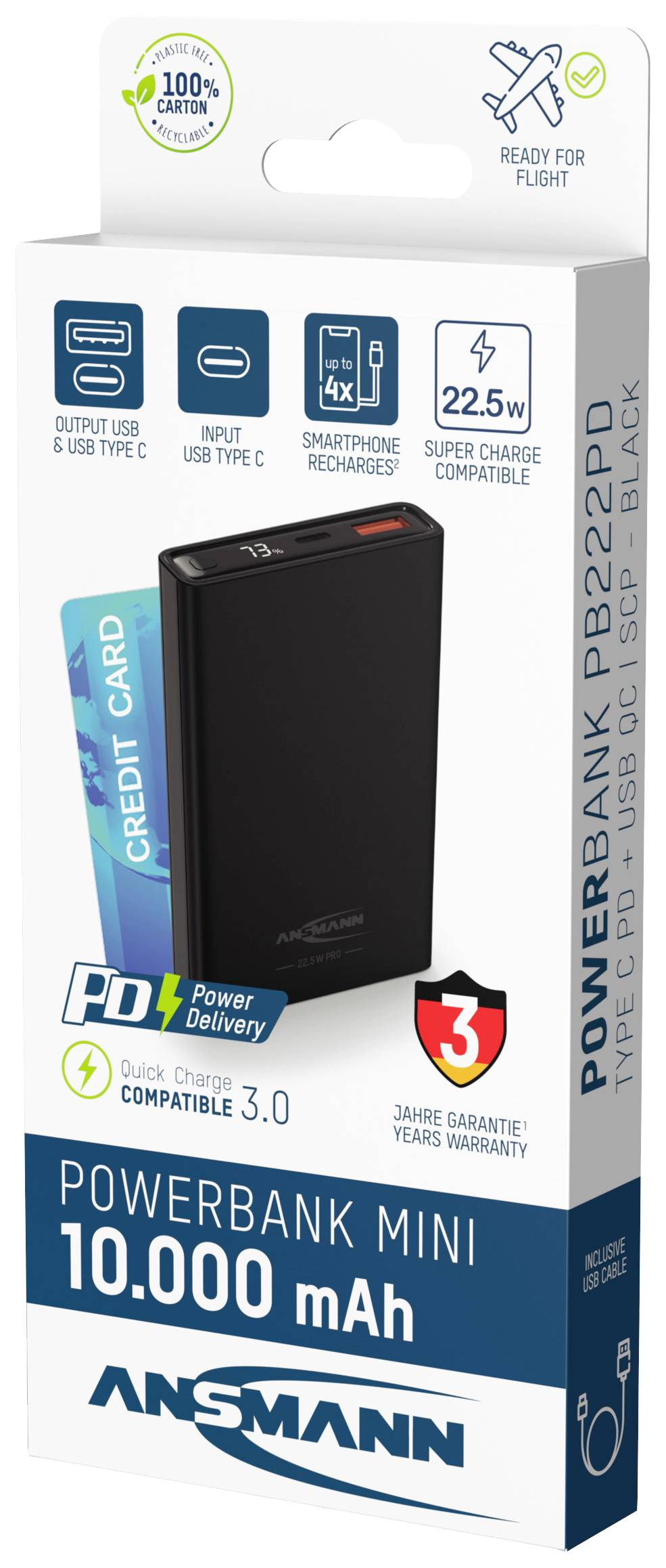 'Powerbank Mini 10.000 mAh' Verpackung von Ansmann mit USB-C, USB-A Ausgängen, Quick Charge 3.0, 3 Jahre Garantie, Schwarz.
