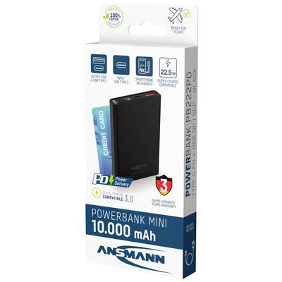 'Powerbank Mini 10.000 mAh' Verpackung von Ansmann mit USB-C, USB-A Ausgängen, Quick Charge 3.0, 3 Jahre Garantie, Schwarz.