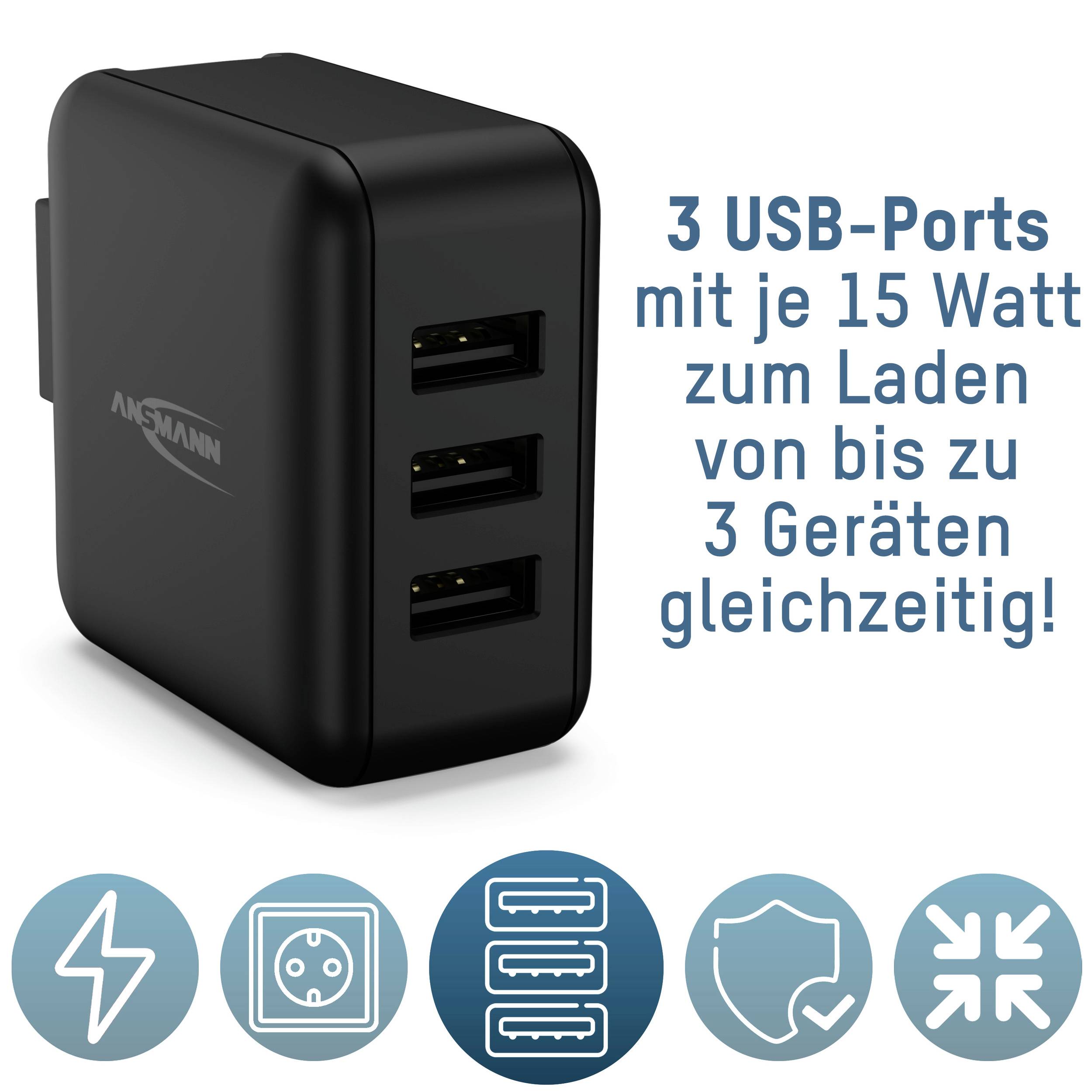 Schwarzes USB-Ladegerät mit drei USB-Ports, jede mit 15 Watt. Text: '3 USB-Ports mit je 15 Watt zum Laden von bis zu 3 Geräten gleichzeitig!' Symbole unten zeigen Energie, Schutz und Kompatibilität.