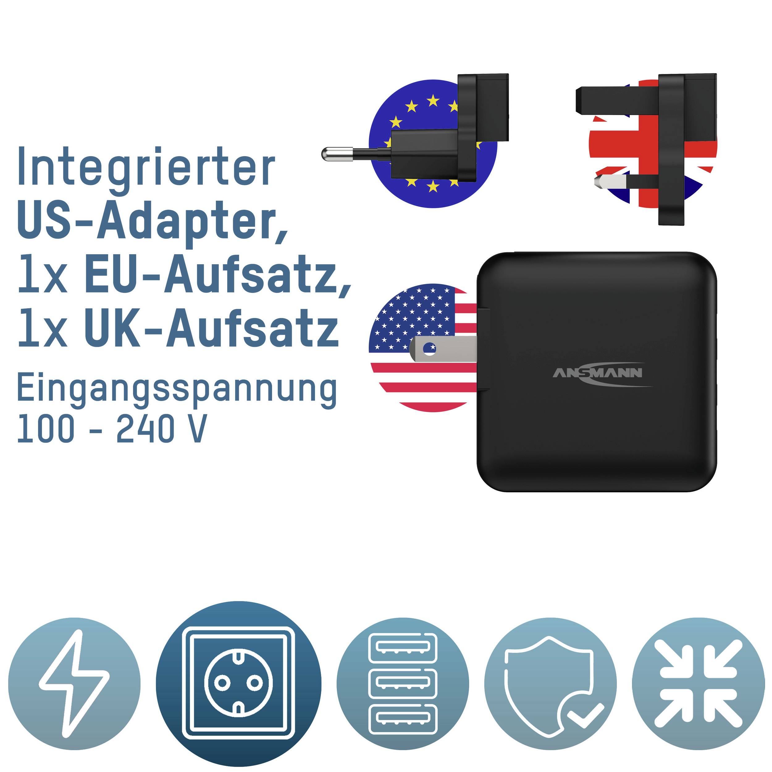 'Integrierter US-Adapter, 1x EU-Aufsatz, 1x UK-Aufsatz. Eingangsspannung 100 - 240 V.' Bild zeigt die Adapteraufsätze und Symbole für Stromversorgung.