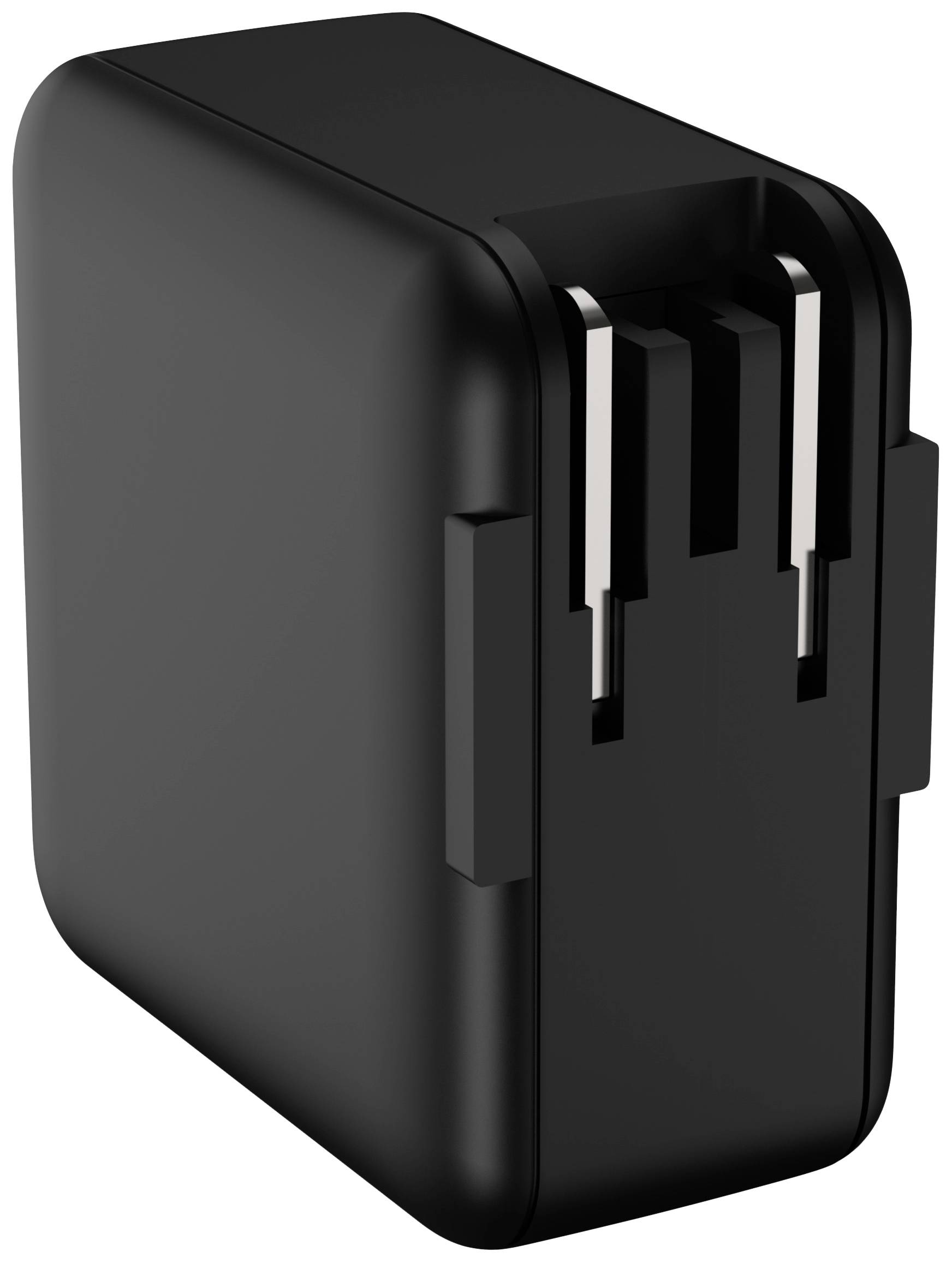 Schwarzes USB-Ladegerät mit klappbaren Steckkontakten, kompakt und tragbar, für den Einsatz mit mobilen Geräten unterwegs geeignet.