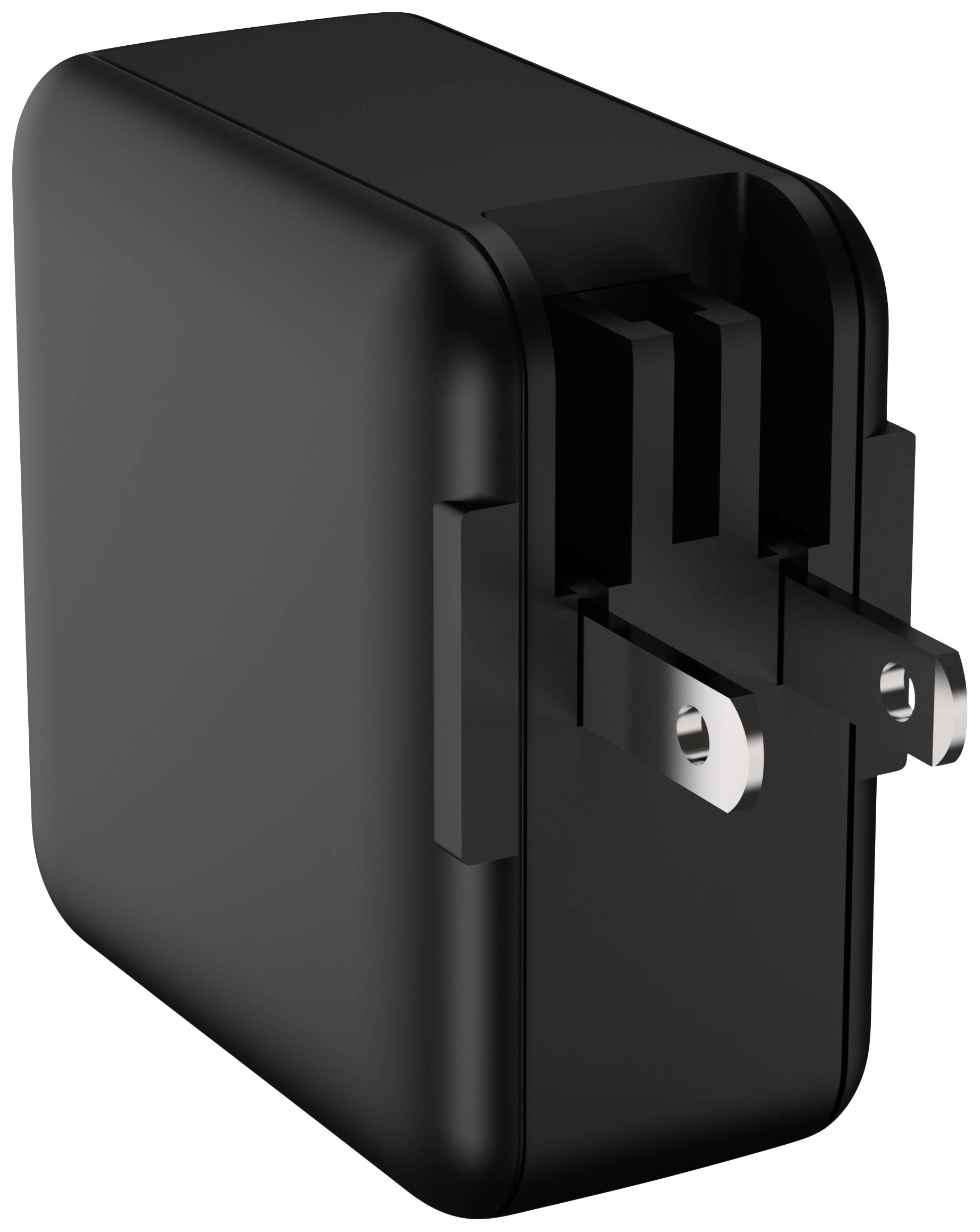 Ein schwarzes, rechteckiges Steckernetzteil mit Metallstiften zum Anschluss an eine Steckdose.