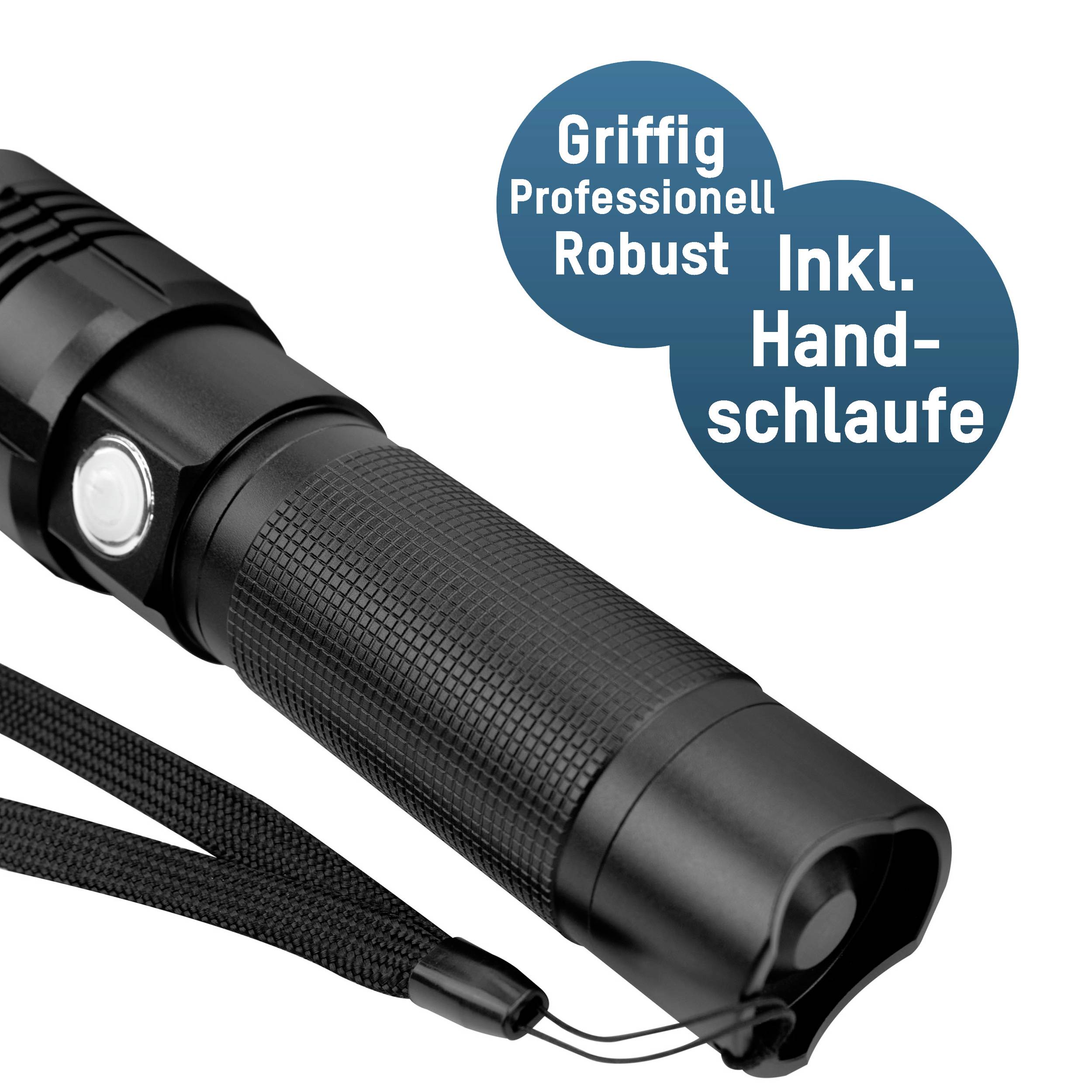 Eine schwarze Taschenlampe mit Handschlaufe. Text in blauem Kreis: 'Griffig, professionell, robust. Inkl. Handschlaufe.'