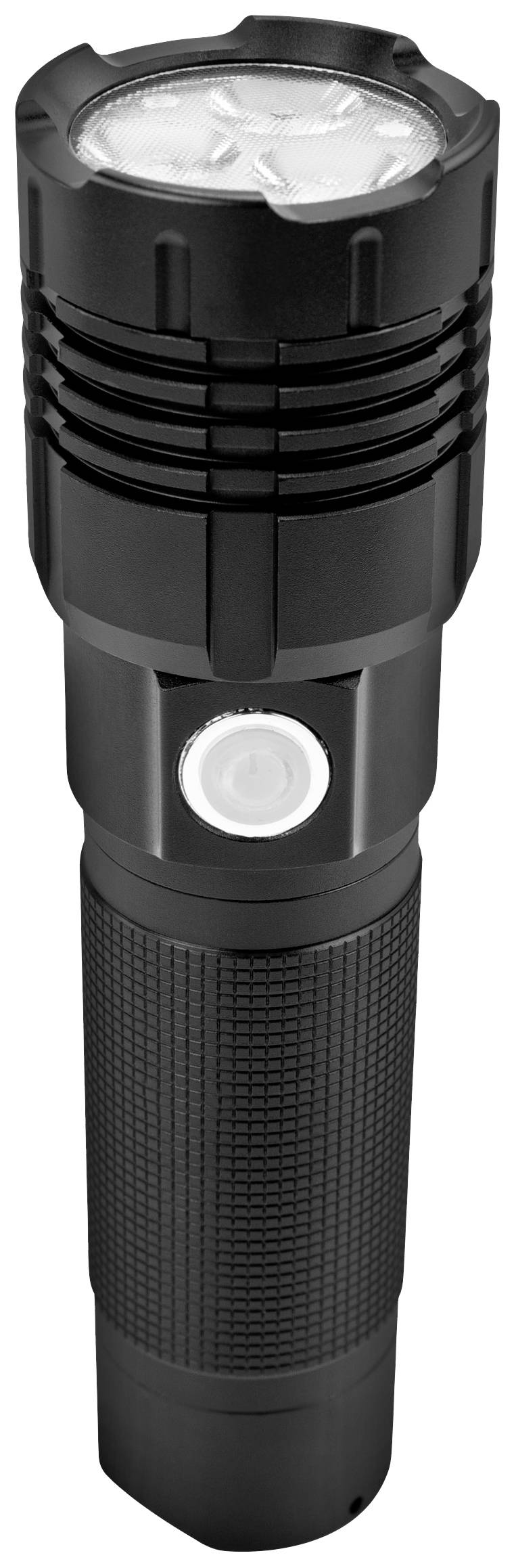 Schwarze Taschenlampe mit geriffeltem Griff und sichtbarem Einschaltknopf, steht aufrecht.