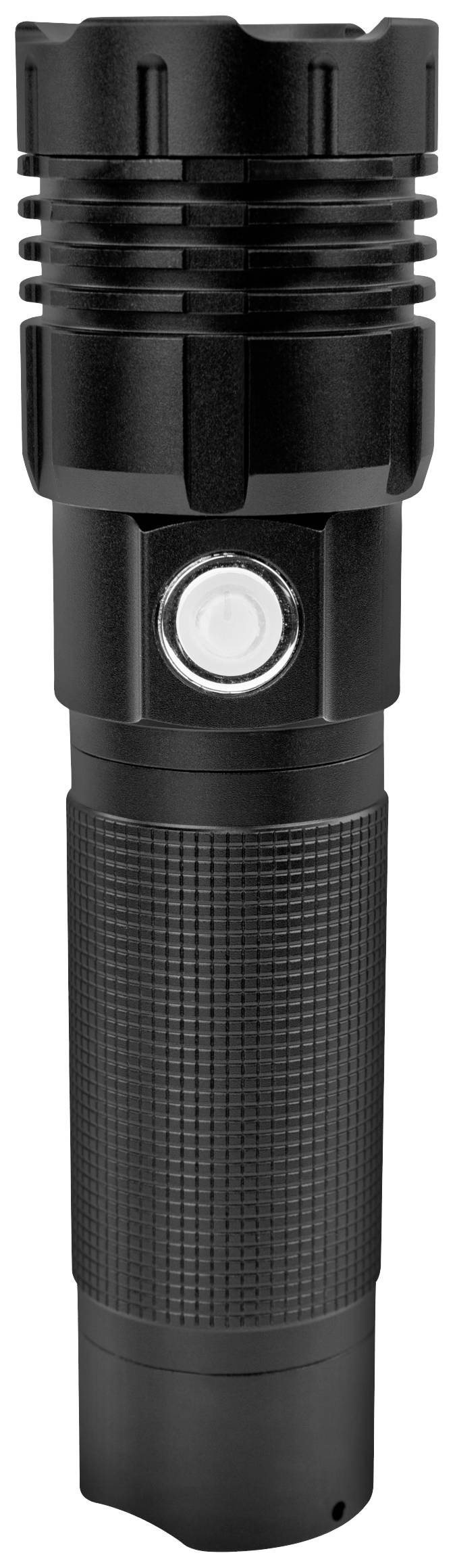 Eine schwarze Taschenlampe mit geriffeltem Griff und großem Druckknopf auf der Vorderseite.