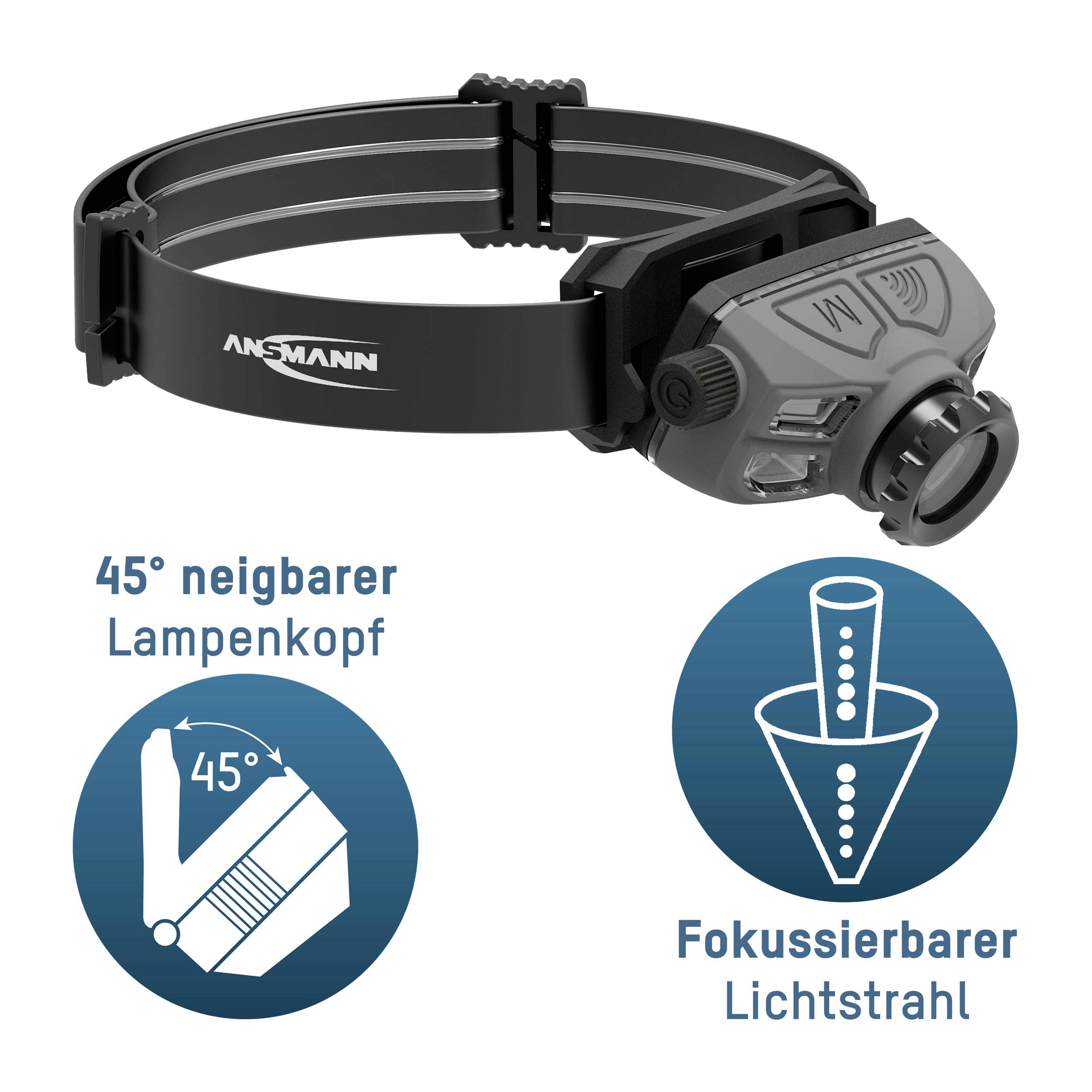 Abgebildet ist eine schwarze Stirnlampe. Der Lampenkopf ist um 45 Grad neigbar und erzeugt einen fokussierbaren Lichtstrahl.