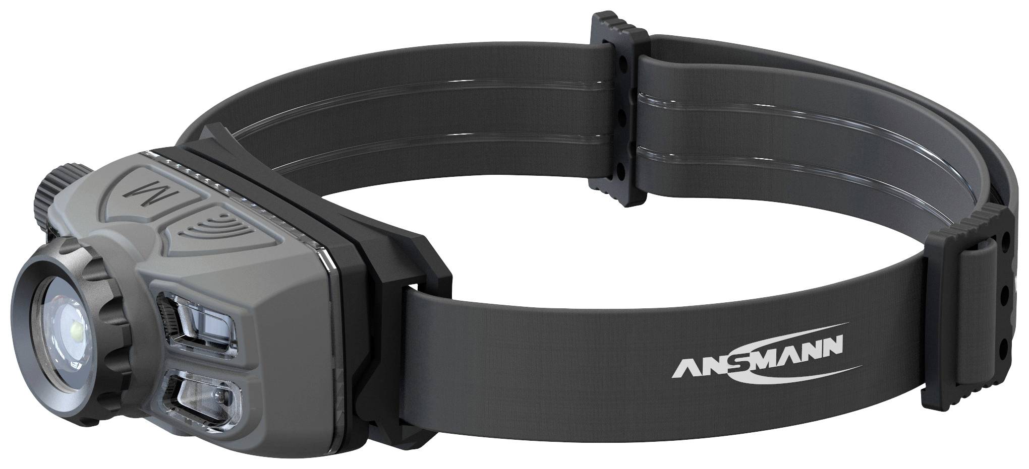 Eine graue Stirnlampe mit verstellbarem Band und Markenlogo, geeignet für freihändiges Arbeiten bei Dunkelheit.