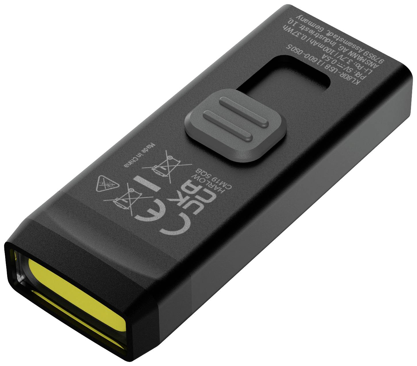 USB-Stick mit schwarzem Gehäuse und gelbem Anschlussterminal, darauf CE-Kennzeichnung und Recycling-Symbole.