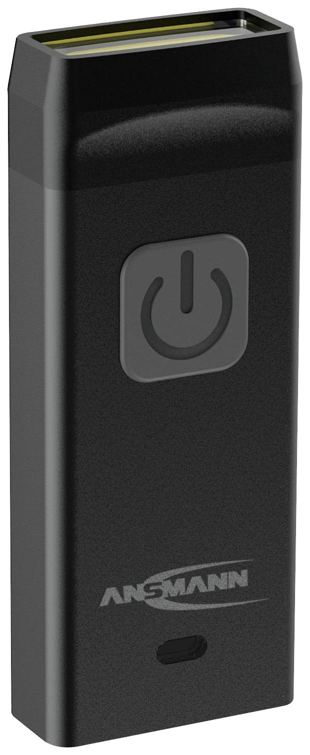 Ein schwarzes, rechteckiges USB-Ladegerät mit Ein-/Ausschalter-Symbol auf der Vorderseite, Marke 'Ansmann'.